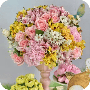 Arranjo floral permanente em tons pastel