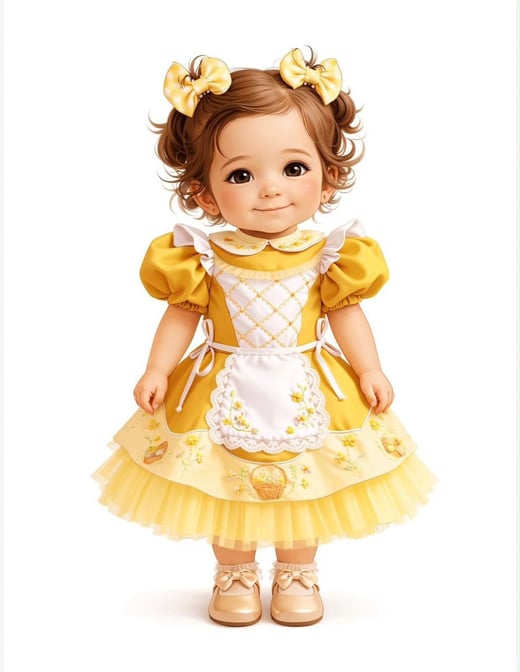 Mascote de menina com vestido amarelo e avental, criado com IA
