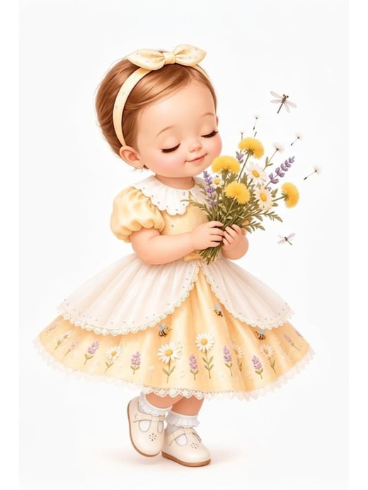 Mascote de menina com vestido amarelo e buquê de flores, criado com IA