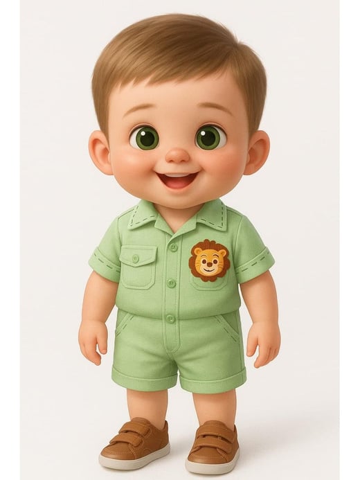Mascote de menino com camisa verde e leãozinho, criado com IA