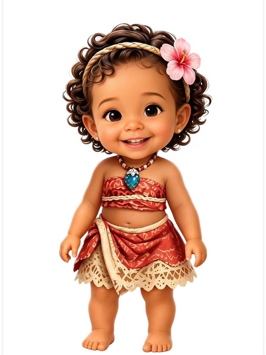 Mascote de menina com traje havaiano e flor no cabelo, criado com IA