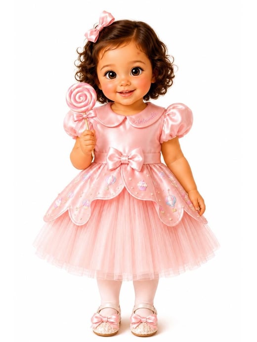 Mascote de menina com vestido rosa e pirulito, criado com IA