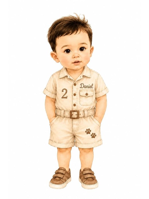 Mascote de menino com roupa de safári, criado com IA