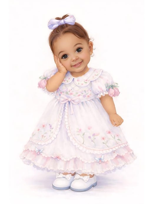 Mascote de menina com vestido branco floral, criado com IA
